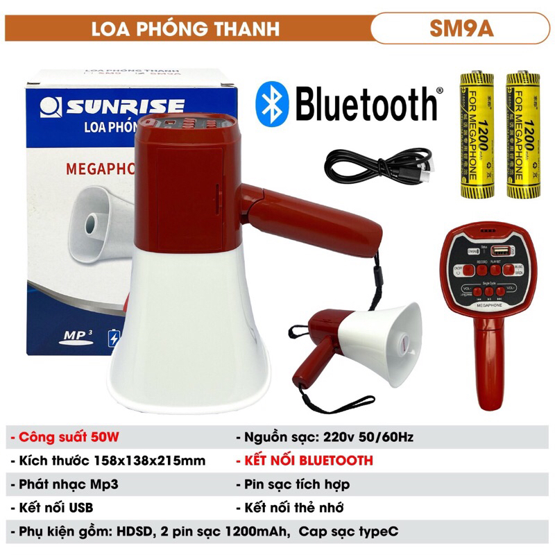 Loa phóng thanh Sunrise SM9A loại 2 pin xài cực lâu, công suất lớn 50W hàng chính hãng chất lượng cao