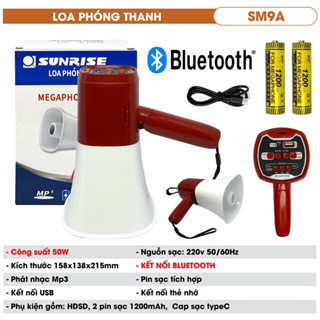 Loa phóng thanh Sunrise SM9A loại 2 pin xài cực lâu, công suất lớn 50W hàng chính hãng chất lượng cao