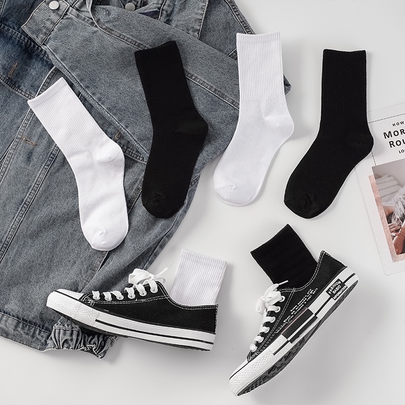 Tất Cotton Cổ Cao Nam Nữ Trơn Đen, Trắng MIYUNA Thấm Hút Tốt