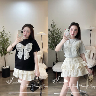 Set áo phông nơ đính ngọc mix chân váy ren tầng 2 màu siêu xinh