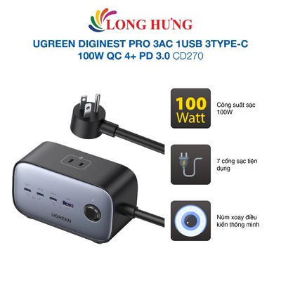 Sạc đa cổng Ugreen Diginest Pro 3AC 1USB 3Type-C 100W QC 4+ PD 3.0 CD270 - Hàng chính hãng