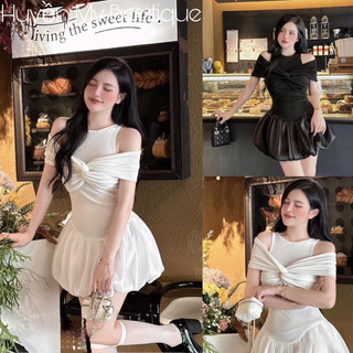 Váy Thun Nhũ Kim Cương Xoắn Ngực Chân Váy Tơ Phồng Dáng Ngắn Tiểu Thư