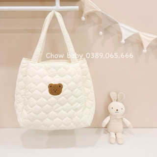 Túi bỉm sữa gấu satin cho mẹ 35x20x35cm, túi xách đựng đồ thêu gấu cho bé l