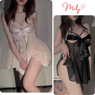 Váy ngủ sexy ren mềm xuyên thấu phối nơ lụa buộc ngực cực quyến rũ v025