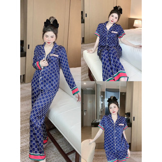 Bộ ngủ mặc nhà pijama guci xanh lụa xước mát