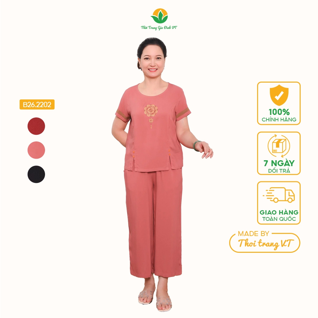 Bộ đồ lanh trung niên thời trang Việt Thắng, quần lửng dài, áo cộc tay, cúc trang trí - B26.2202