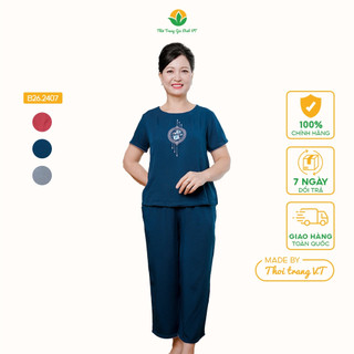 Đồ bộ mặc nhà trung niên chất Lanh thời trang Việt Thắng quần lửng,áo cộc tay thêu họa tiết B26.2407