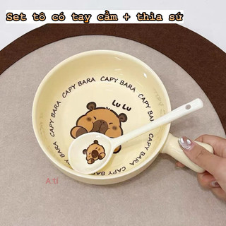 Bát Gấu Dẹt Có Tay Cầm Kèm Thìa Sứ Siêu Xinh