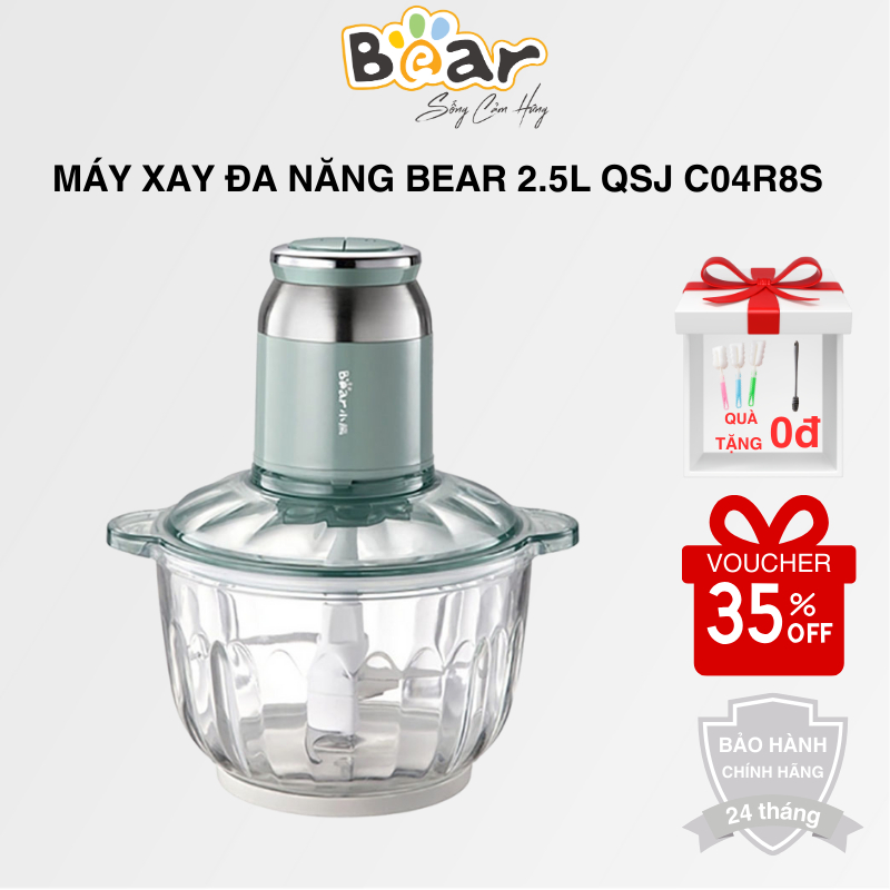 Máy Xay Thịt, Hành Tỏi Đa Năng Bear QSJ-C04R8S 2.5L - Cối Thủy Tinh Borosilicate , Lưỡi Dao Thép Không Gỉ - BH 24 Tháng