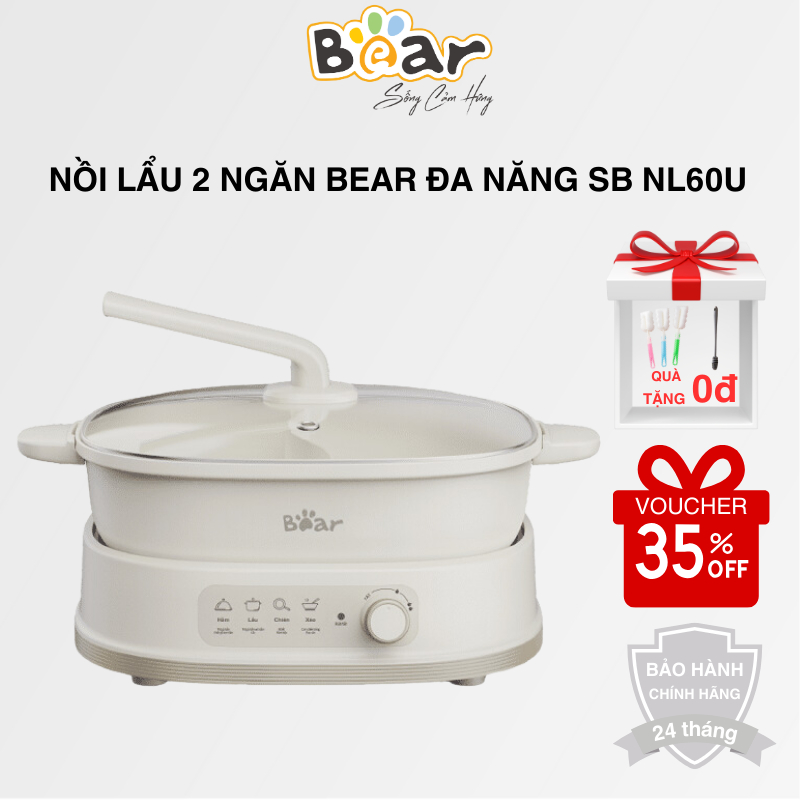 Nồi Lẩu 2 Ngăn Đa Năng Bear SB NL60U - Dung Tích 6L, Kháng Khuẩn Lên Đến 99.99% - Bảo Hành 24 tháng