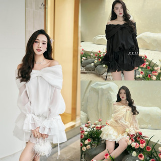  Áo váy trễ vai kiểu nơ chất tơ 2 lớp. Đầm hở vai bản nơ xinh xắn
