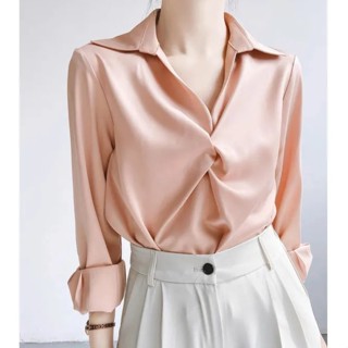 Áo sơ mi nữ tay dài xoắn ngực phong cách công sở lụa cao cấp A4515