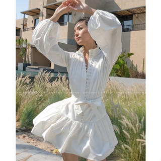 Váy, Váy đi biển cổ đứng thiết kế tay bồng dáng xoè Lisa Dress, đầm nữ tay dài tiểu thư màu trắng