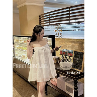 Đầm babydoll,Váy babydoll 2 dây kiểu dáng đính cúc giữa có quần bảo hộ rời tiểu thư bánh bèo