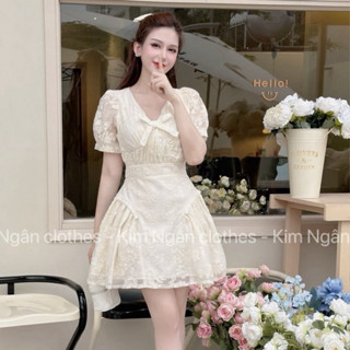 Váy tơ cổ V thêu hoa đính nơ ngực phối chân xoè màu kem tôn da nữ tính có quần lót bảo hộ trong[Ảnh thật+Video]