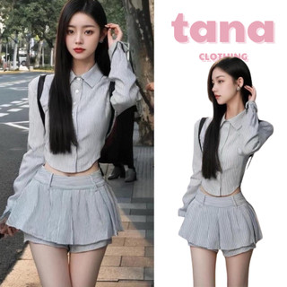  Set áo sơ mi kẻ sọc dài tay kèm quần váy xếp ly TANA Set đồ nữ sang chảnh đi học đi chơi hottrend Douyin 