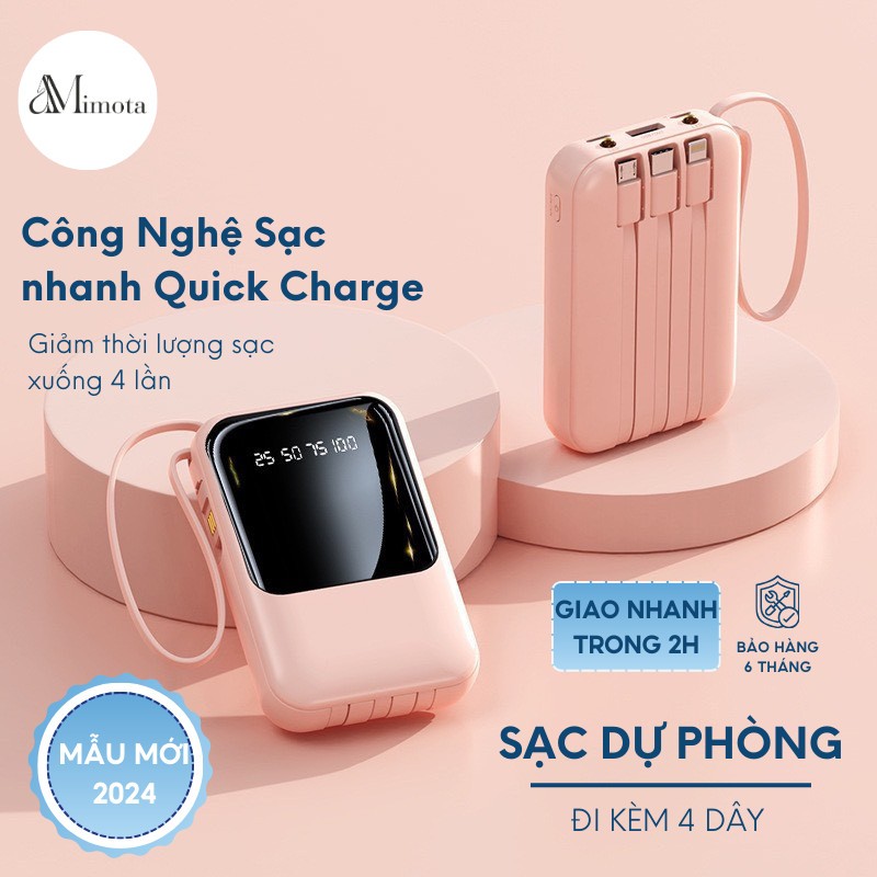  Sạc dự phòng 20000mAh hỗ trợ sạc nhanh tích hợp dây sạc có sẵn - Mimota 