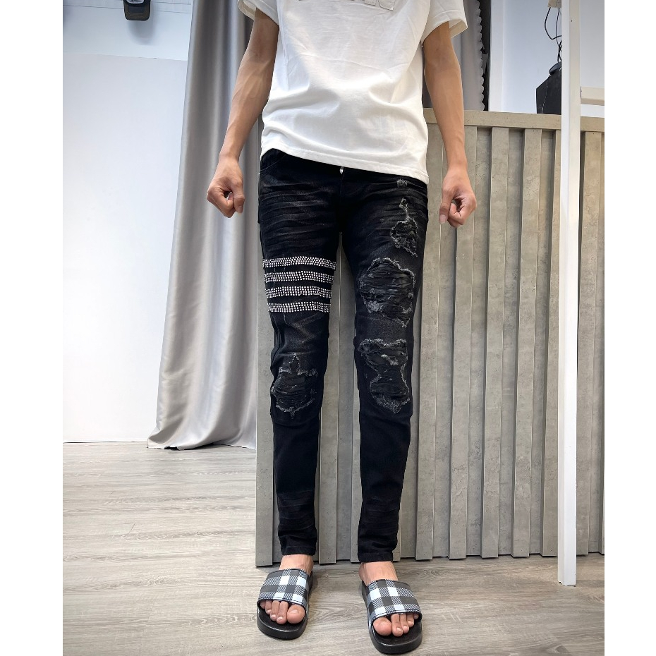 Quần jean ami thêu da vá dây đá kim cương bản host tren