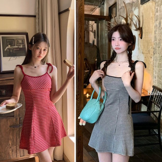  Đầm hai dây kẻ caro buộc nơ vai dáng ngắn HQ