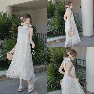 Đầm cổ yếm cột dây nơ cổ dáng váy ngắn xoè chất vải ren thêu hoa xinh,