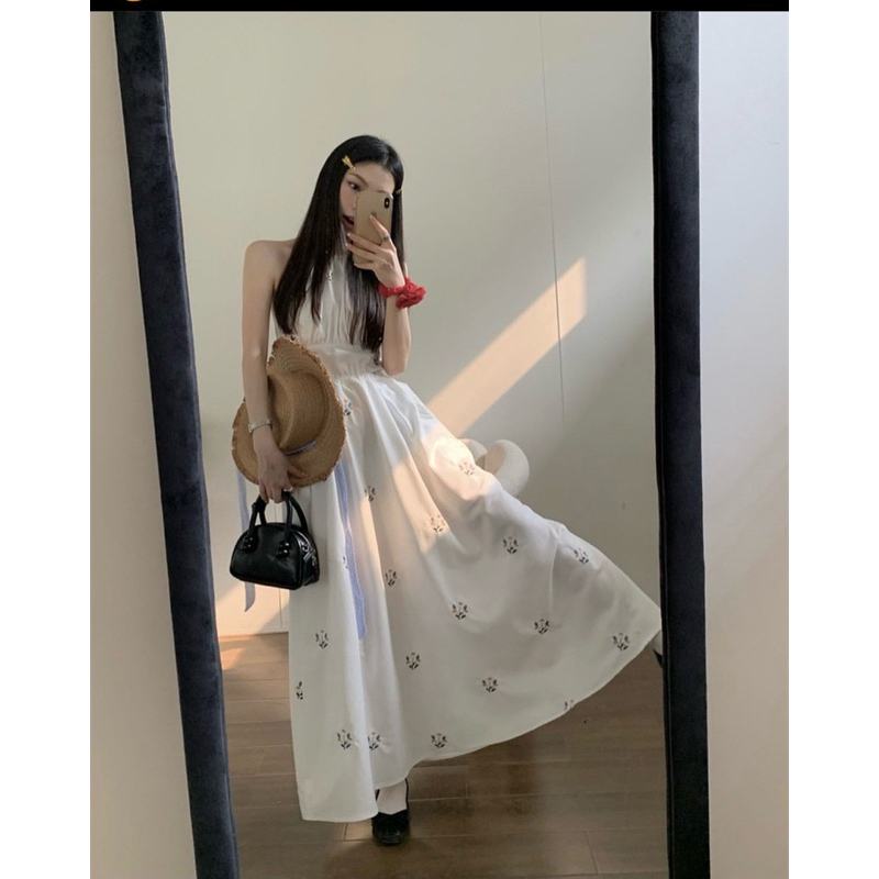ĐẦM MIDI THÊU CỔ YẾM CỘT NƠ LƯNG