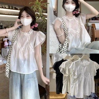 Áo sơ mi tơ babydoll tay hến cổ bèo metwo.dearu - áo sơ mi voan mỏng qc dáng suông cánh tiên ulzzang tiểu thư hàn quốc