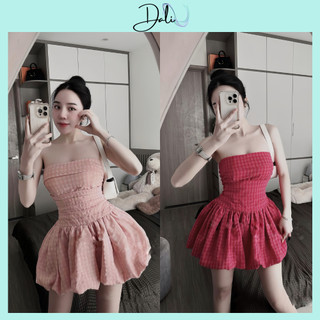 Set Váy Cup Ngực Chun Lưng Chất Liệu Thô Dáng Xoè Bồng Có Kèm Mút Ngực Và Quần Short Rời