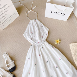 ĐẦM MIDI THÊU CỔ YẾM CỘT NƠ LƯNG