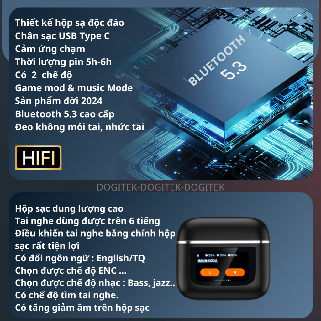 Tai nghe DOGITEK V8 2024, tiếng việt, điều khiển bằng hộp sạc, nhiều chế độ nhạc,định vị tai nghe | BigBuy360 - bigbuy360.vn
