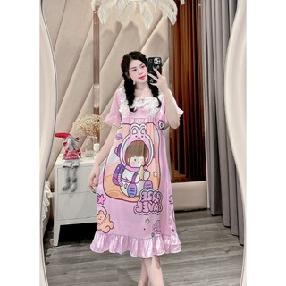 Váy Đầm Ngủ Lụa Xước Mềm Mát Mặc Nhà Dễ Thương freesize 45-70kg - Chun's sleepwear