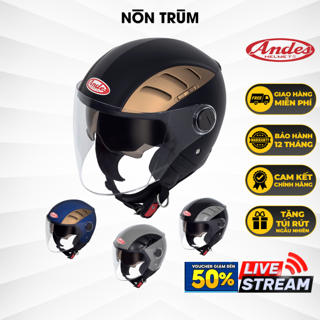 Mũ bảo hiểm 3/4 Andes 219C có 2 kính dành cho nam nữ đi xe máy