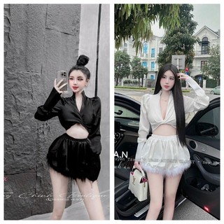 Set áo bẹt vai phối chân váy đuôi cá nhún, set chân váy đuôi cá phối áo trễ vai