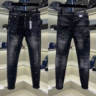 Quần jean bò nam DSQ slimfit đen xám trơn dập nhăn 3D vảy sơn trắng móc khoá eo 4 cúc basic QJ545P
