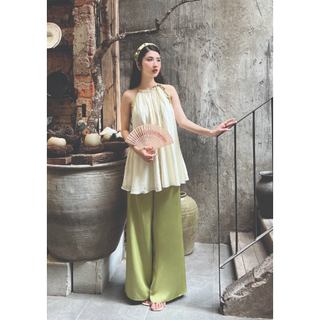 Set đồ nữ hạ miên màu be phối xanh cốm laye vải tơ nhũ quần lụa cao cấp