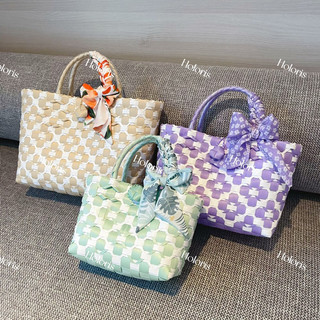 Giỏ nhựa đan thủ công hoa mai phối nơ / túi nhựa đan / làn nhựa / giỏ handmade hoa mai phối nơ
