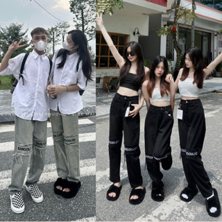Quần bò ống rộng đi học phối tua Chữ Gối cực hot 2024, quần jean ống suông thời trang nam nữ unisex