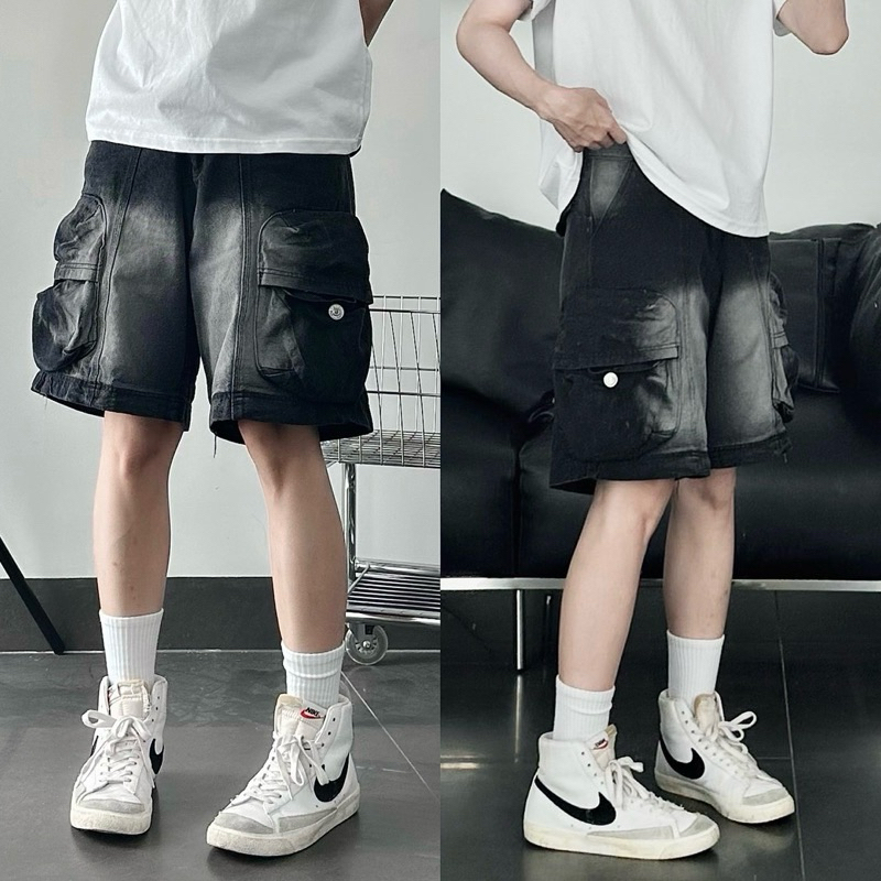 Jaystoree | Quần Shorts Jean túi hộp JUHO WASH màu XANH form Unisex 🖤 Quần ngố denim ống rộng | BigBuy360 - bigbuy360.vn