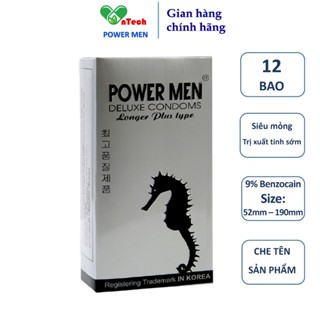 Bao cao su POWER MEN LONGER PLUS gân gai tăng khoái cảm kéo dài thời gian có 9% Benzocain hạn chế xuất tinh sớm 12 bao