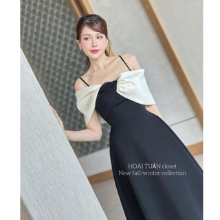 Váy đi dự tiệc, đầm dự tiệc trễ vai 2 dây dáng A xòe dài thân đen phối ngực trắng thiết kế sang trọng thanh lịch LONA