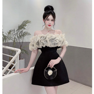 Đầm đi dự tiệc, váy dự tiệc trễ vai nhún bèo phối thân trơn dáng A ngắn thiết kế sang trọng sexy tiểu thư sang chảnhLONA