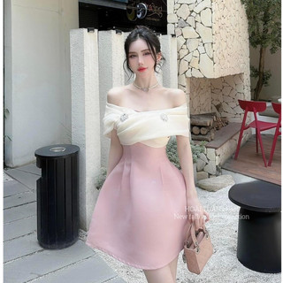 Váy đi dự tiệc, đầm dự tiệc tafta trễ vai phối màu sang chảnh tiểu thư đính tag đá thiết kế tiểu thư sang chảnh LONA