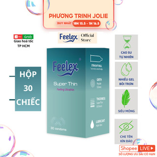 Bao cao su Feelex superthin siêu mỏng, nhiều gel bôi trơn, hương dâu - hộp 30 bcs