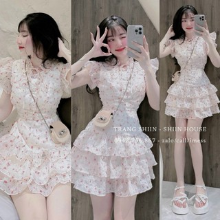 Đầm Xốp Hoa Ép Dáng XếpTầng Nút Bọc Thiết Kế Tay Cánh Tiên Điệu Đà Nữ Tính, Váy Hoa Xinh Cho Bạn Gái