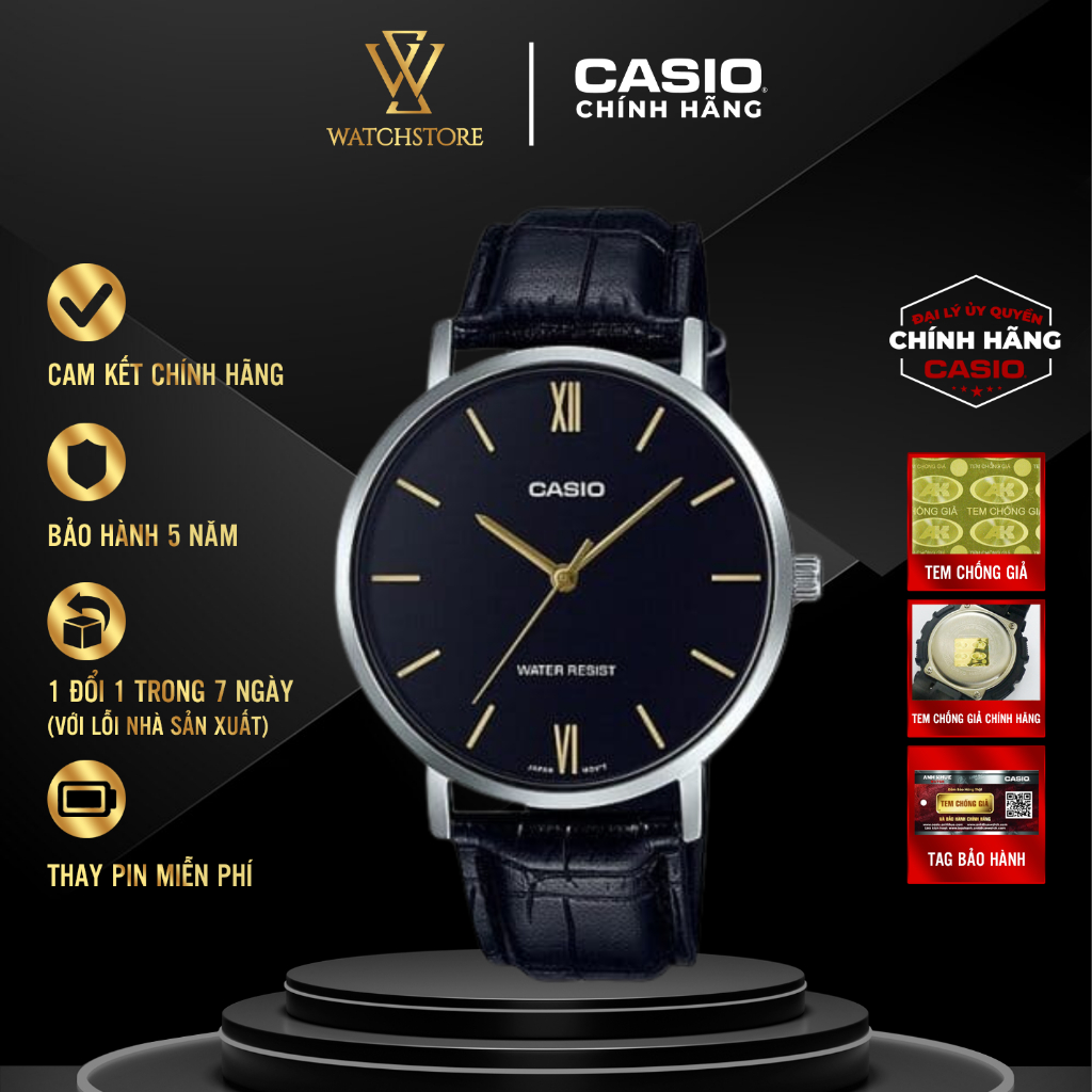 Đồng Hồ Nam Casio MTP-VT01L-1BUDF Màu Đen Kim Vàng Mặt Kính Khoáng 40mm Chống Nước Dây Da Vỏ Kim Loại Chính Hãng