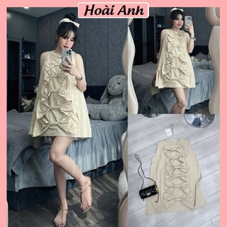 Váy Nữ Kaki Hàn Nơ Nâu Tây Đính Nổi Sát Nách Đầm Nữ 3 Lỗ Phối Nhiều Nơ