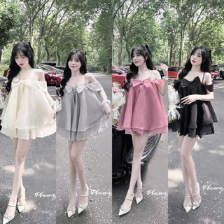 Váy tơ trễ vai 2 tầng