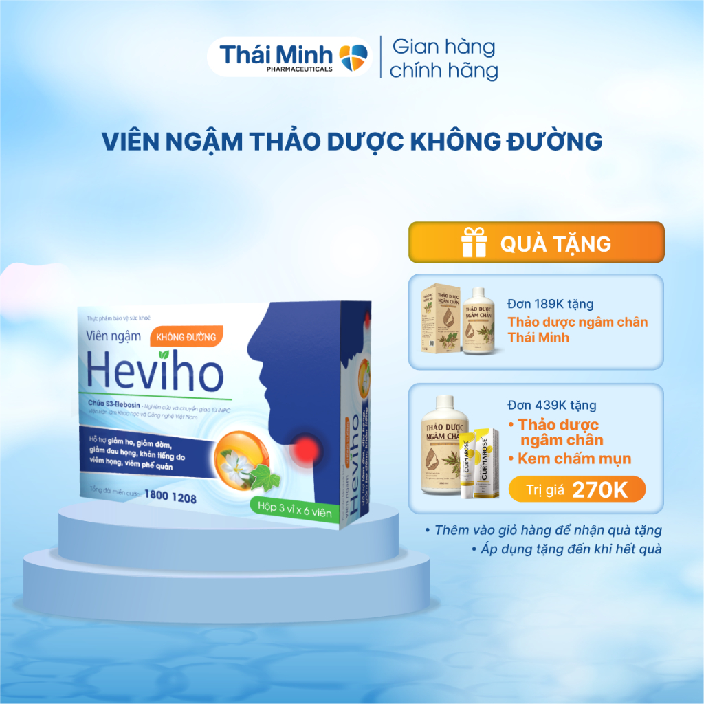 Kẹo ngậm ho không đường - Heviho Thái Minh - Từ Thảo Dược Hỗ Trợ Giảm Ho, Giảm Đau Họng, Khản Tiếng - Hộp 3 vỉ