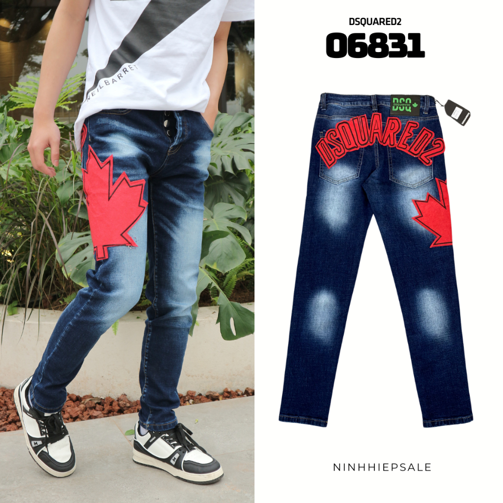 Quần jeans nam Dsquared2 xanh wash khâu họa tiết lá phong ống và sau quần, quần bò nam DSQ2 xanh hàng Quảng Châu 06831