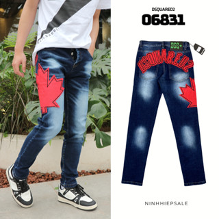 Quần jeans nam Dsquared2 xanh wash khâu họa tiết lá phong ống và sau quần, quần bò nam DSQ2 xanh hàng Quảng Châu 06831