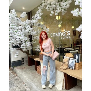 ✿ áo hồng crop - quần jeans nơ hồng ✿